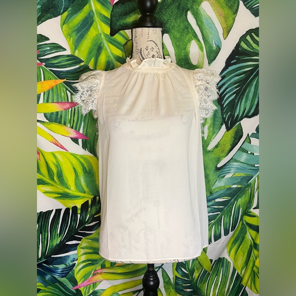 Catherine Malandrino S Ivory Lace Trim Sheer Preppy Office Work Teacher City Top